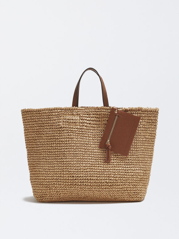 Straw Tote Bag With Pendant, Camel, hi-res