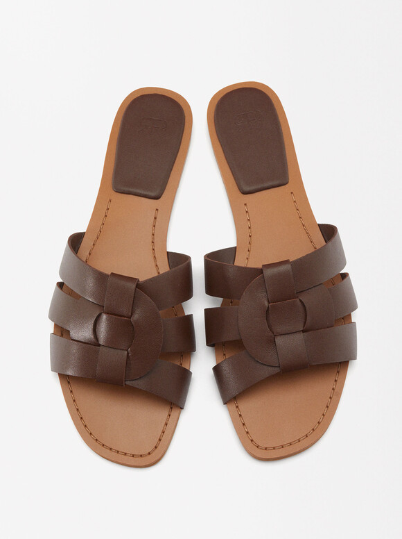 Leather Flat Sandals, , hi-res