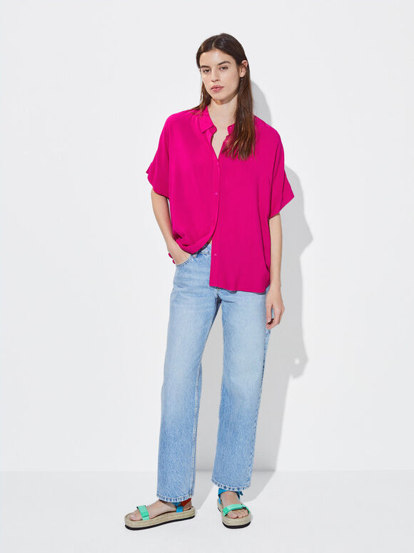 Short-Sleeved Shirt With Buttons, Fuchsia, hi-res