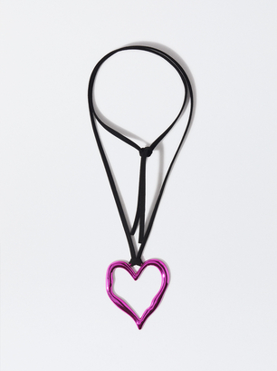 Metallic Heart Rope Necklace, Pink, hi-res