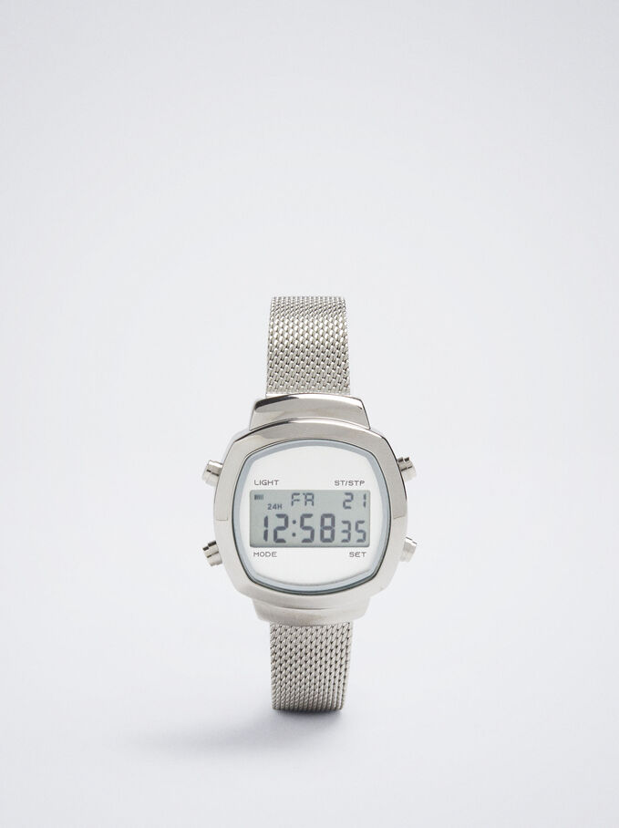 Digital Stainless Steel Watch, Silver, hi-res
