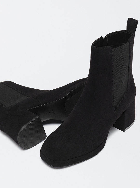 Suede Effect Ankle Boots, Black, hi-res