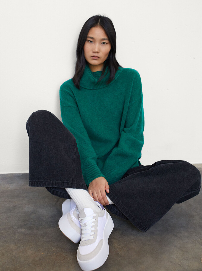 High-Neck Knit Sweater, Green, hi-res