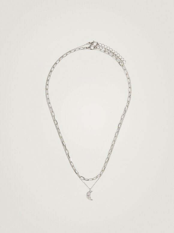Necklace With Moon And Zirconia, Silver, hi-res