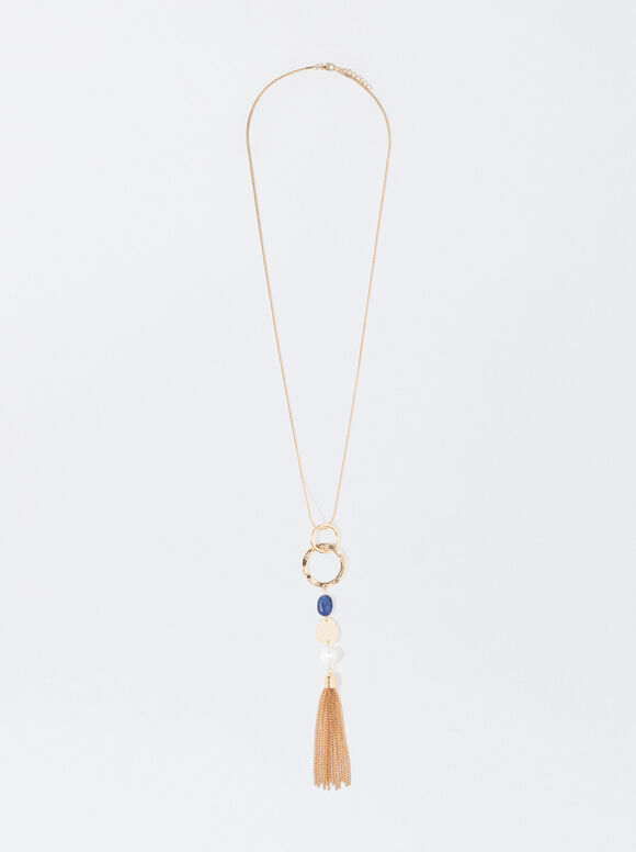 Golden Necklace With Pearl And Stone, Blue, hi-res