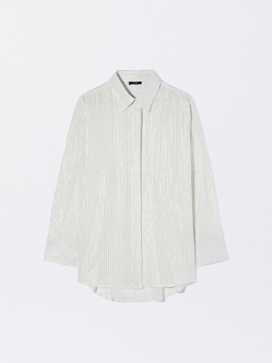 Cotton Metallic Striped Shirt, Silver, hi-res