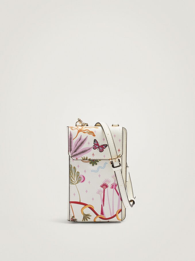 Printed Mobile Phone Bag With Shoulder Strap, Ecru, hi-res