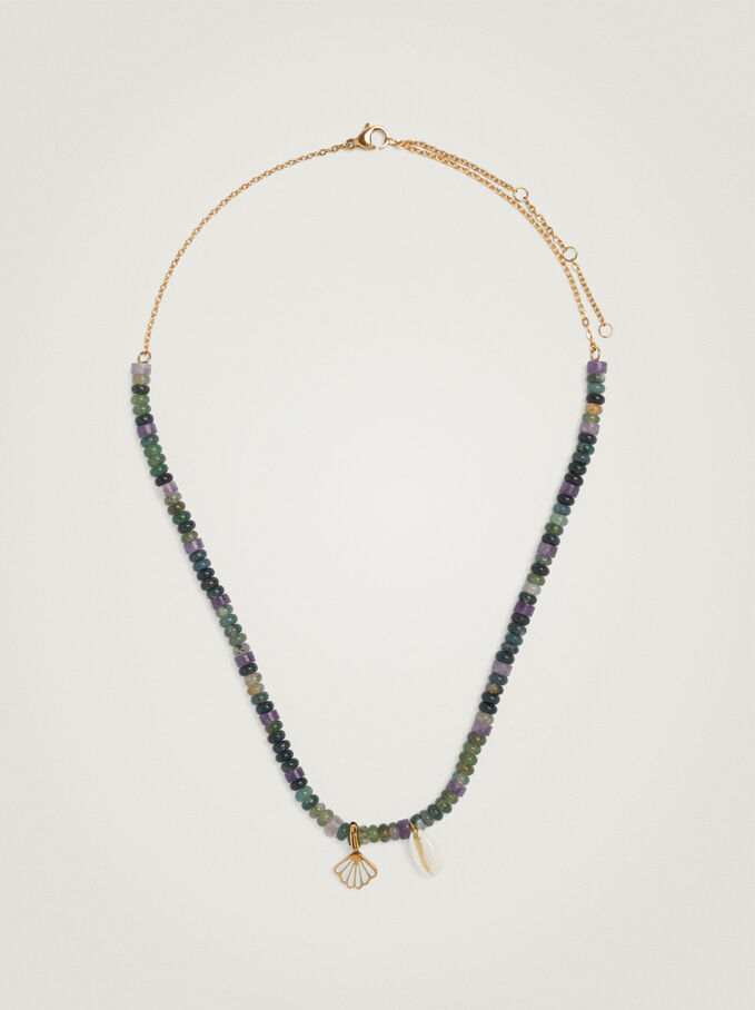Steel Necklace With Shell And Stone, Green, hi-res