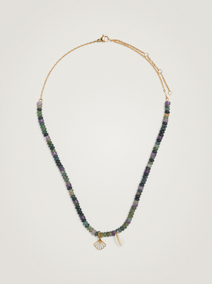 Steel Necklace With Shell And Stone, Green, hi-res