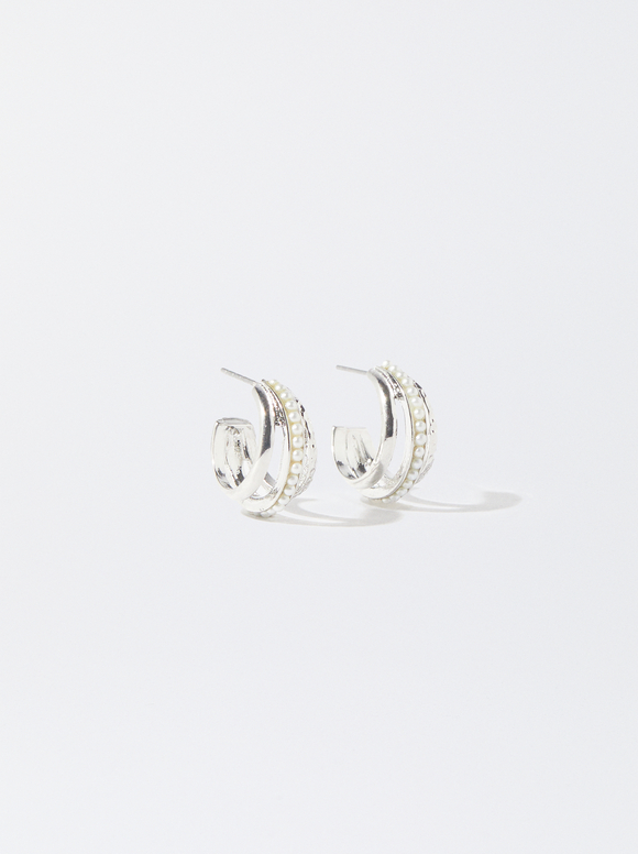 Silver-Plated Hoop Earrings With Faux Pearls, Silver, hi-res