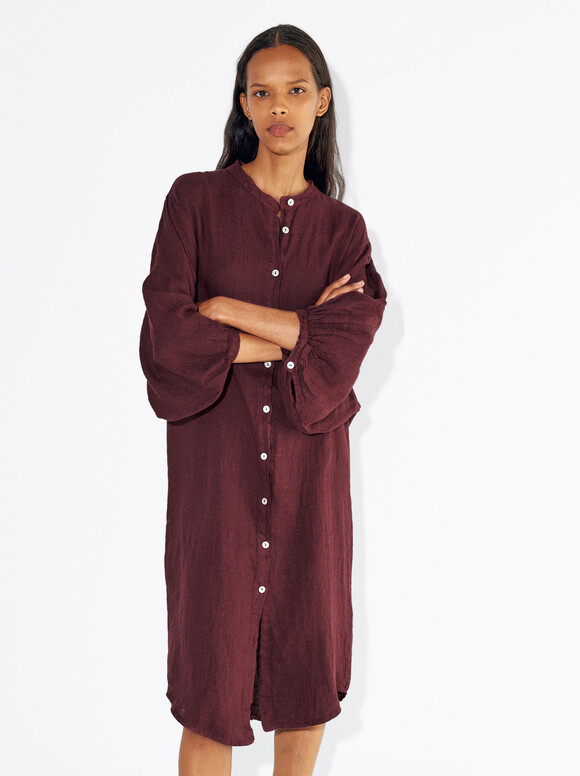 100% Linen Shirt Dress, Bordeaux, hi-res