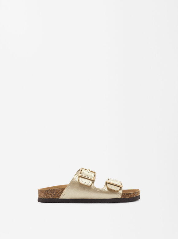 Flat Sandals With Buckle, Golden, hi-res