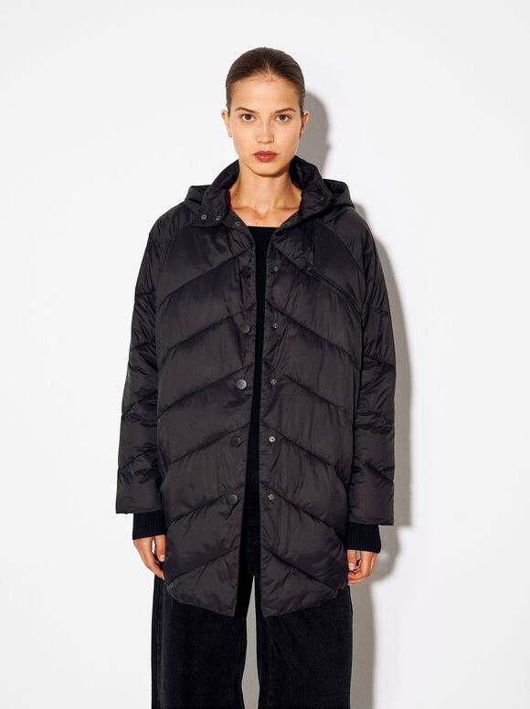 Quilted Coat With Hood, Black, hi-res