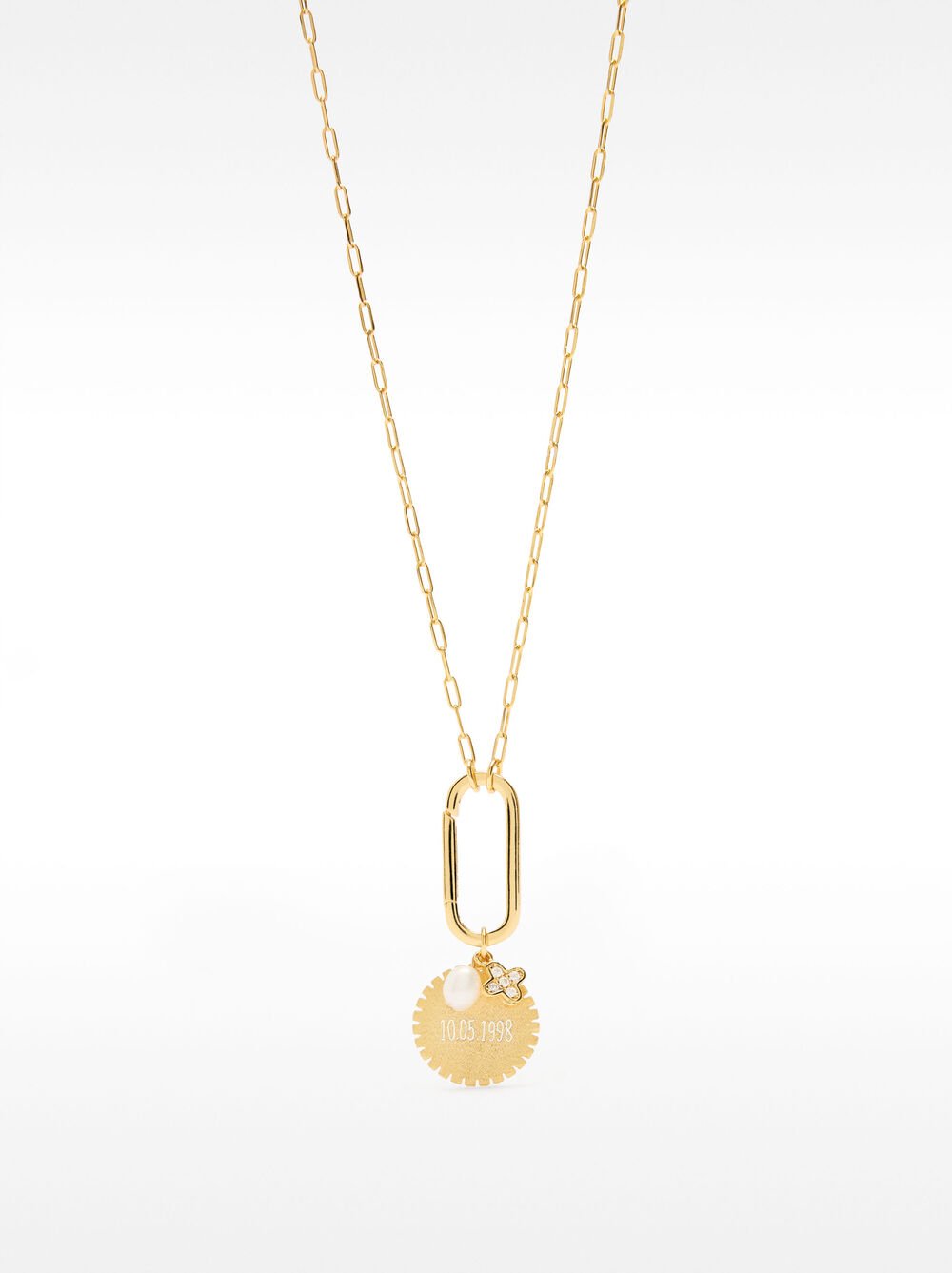 Link necklace with medal and freshwater pearl - 925 sterling silver