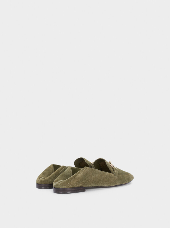 Leather Moccasins With Chain Detail, Khaki, hi-res