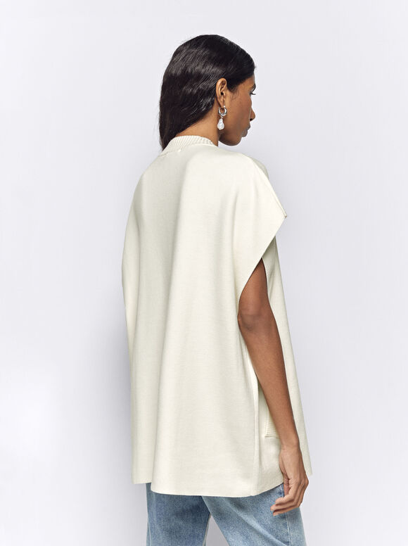 Round Neck Knitted Poncho, White, hi-res