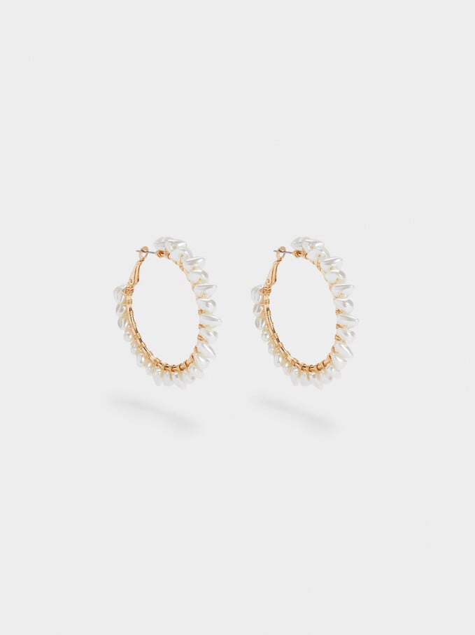 Large Hoop Earrings With Pearls, White, hi-res