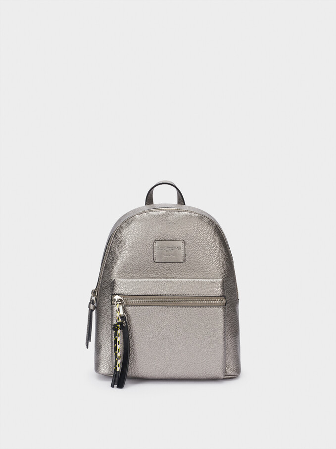 Embossed Backpack With Exterior Pocket, Silver, hi-res