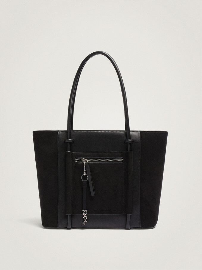 Suede Textured Shopper Bag With Strap, Black, hi-res