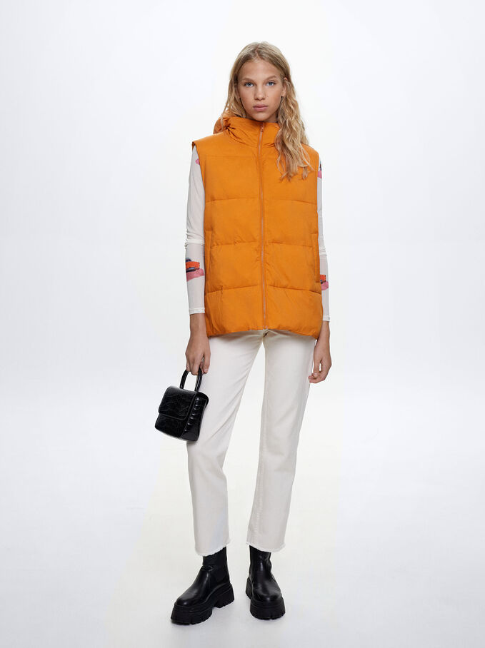 Hooded Quilted Vest, Orange, hi-res