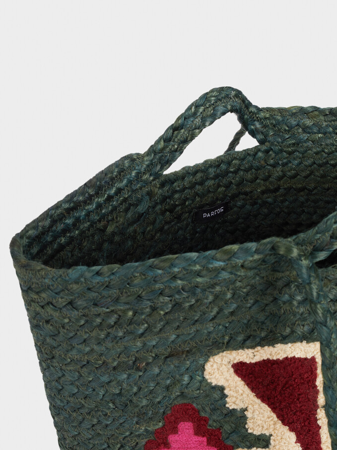 100% Jute Shopper Bag With Embroidery, Green, hi-res