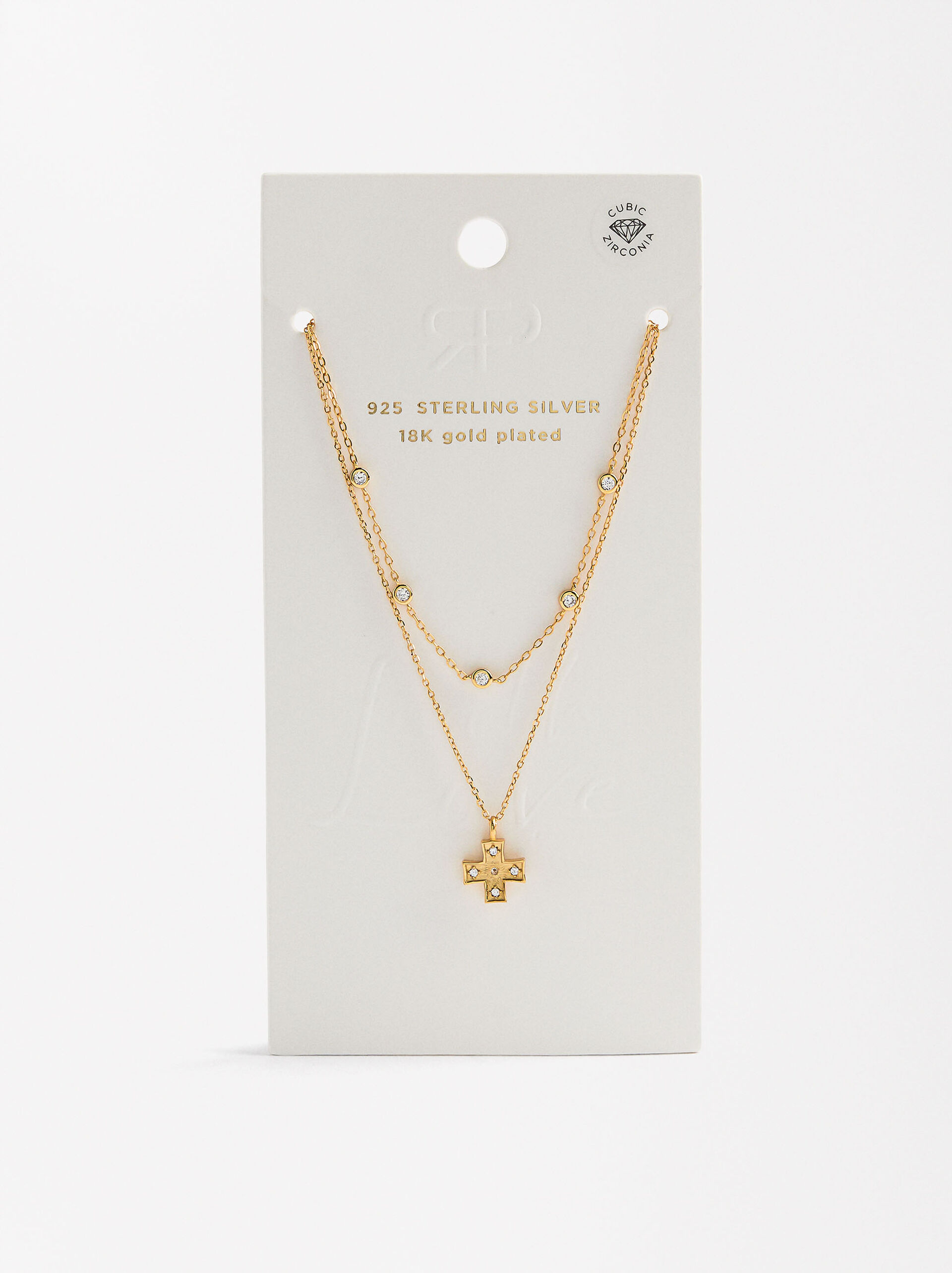 Double necklace with zirconias and cross - 925 sterling silver image number 3.0