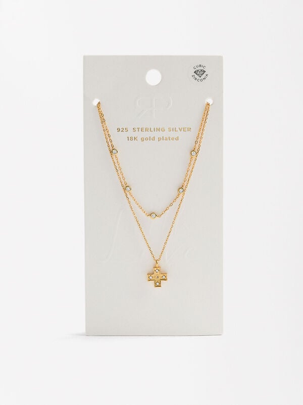 Double necklace with zirconias and cross - 925 sterling silver