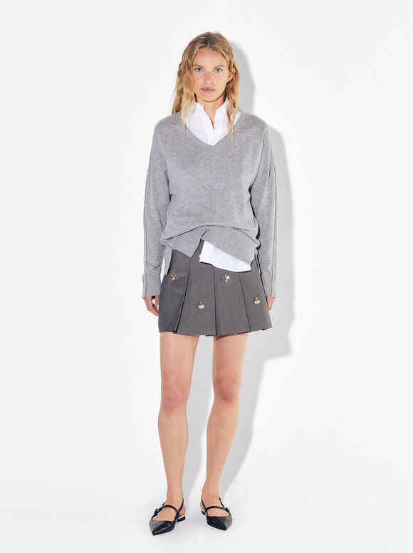 Pleated Mini Skirt With Applications, Grey, hi-res