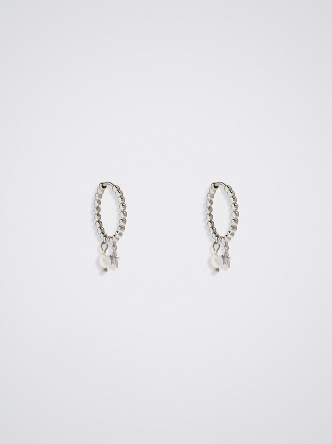 925 Silver Hoop Earrings With Freshwater Pearl, White, hi-res