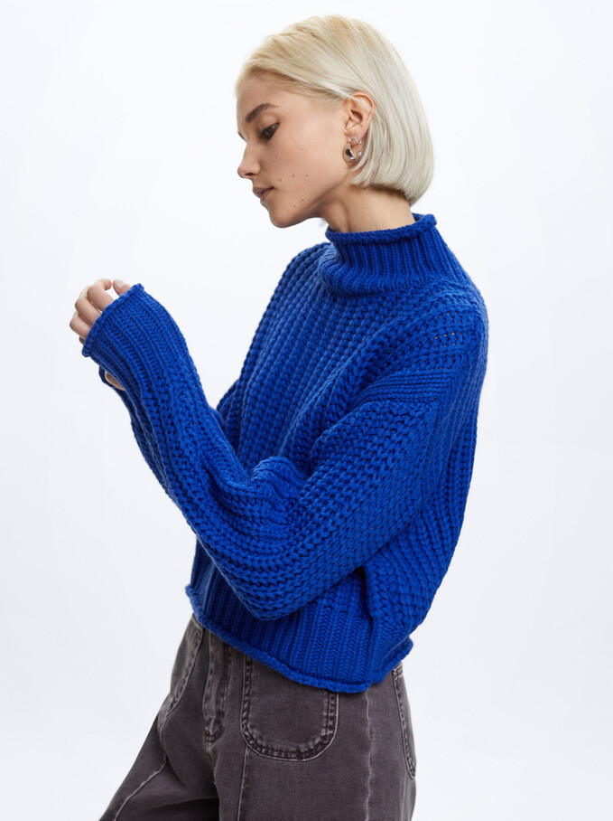 High-Neck Knit Sweater, Blue, hi-res