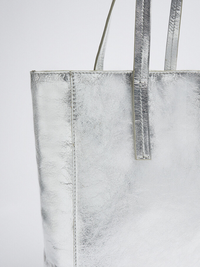 Metallic Leather Shopper Bag, Silver, hi-res