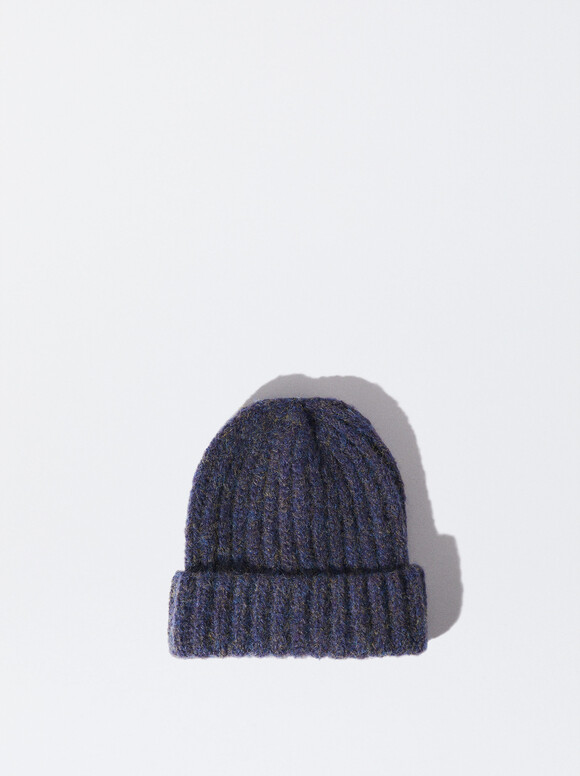 Knitted Turn-Up Hat, Blue, hi-res