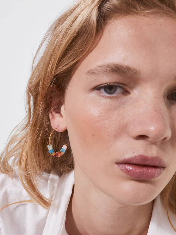 Stainless Steel Hoops With Semiprecious Stone, Multicolor, hi-res