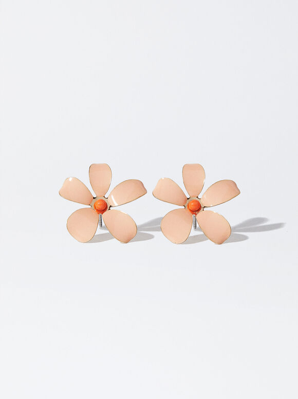 Flower Earrings, Orange, hi-res