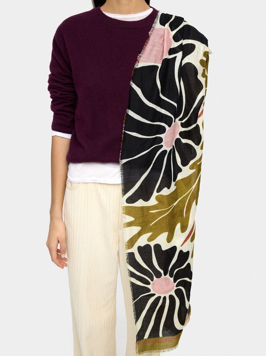 Floral printed scarf with wool
