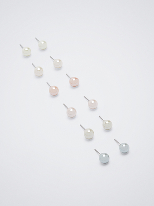 Pack Of Multi-Finished Earrings With Pearls, Multicolor, hi-res