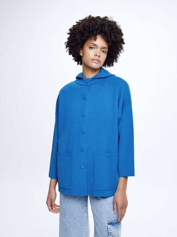 Hooded Knit Poncho, Blue, hi-res