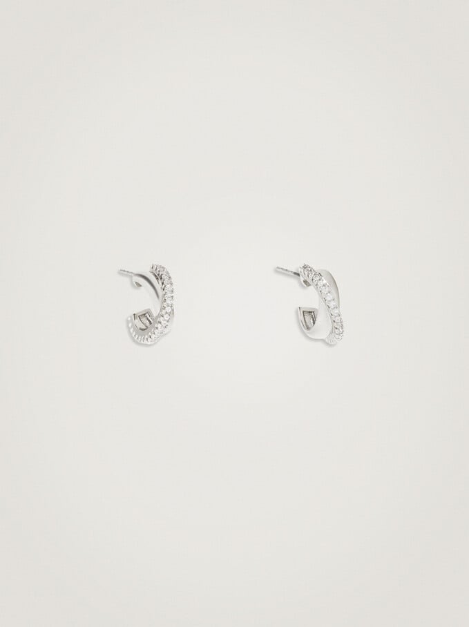 Silver Hoop Earrings With Zirconia, Silver, hi-res