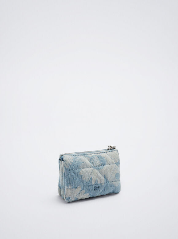 Flower Print Denim Coin Purse, Blue, hi-res