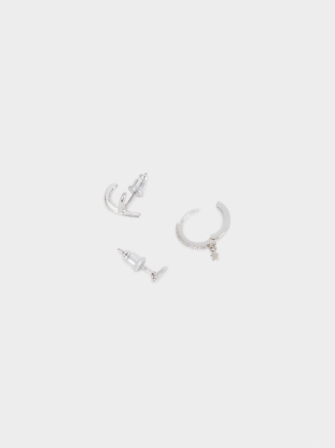 Set Of Hoop Earrings With Charms, Silver, hi-res
