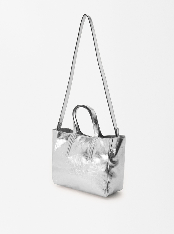 Personalized Metallic Leather Tote Bag, Silver, hi-res