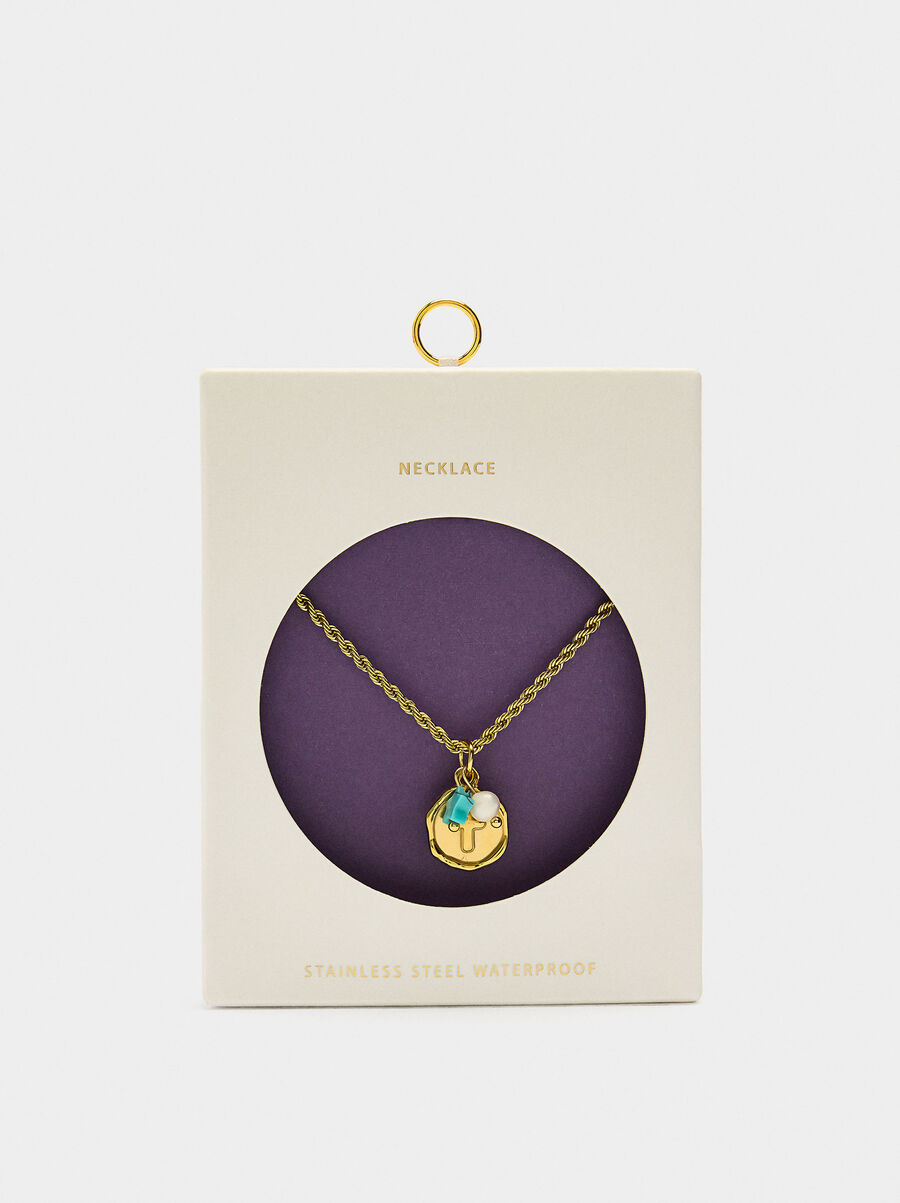 Necklace with stone and freshwater pearl – stainless steel