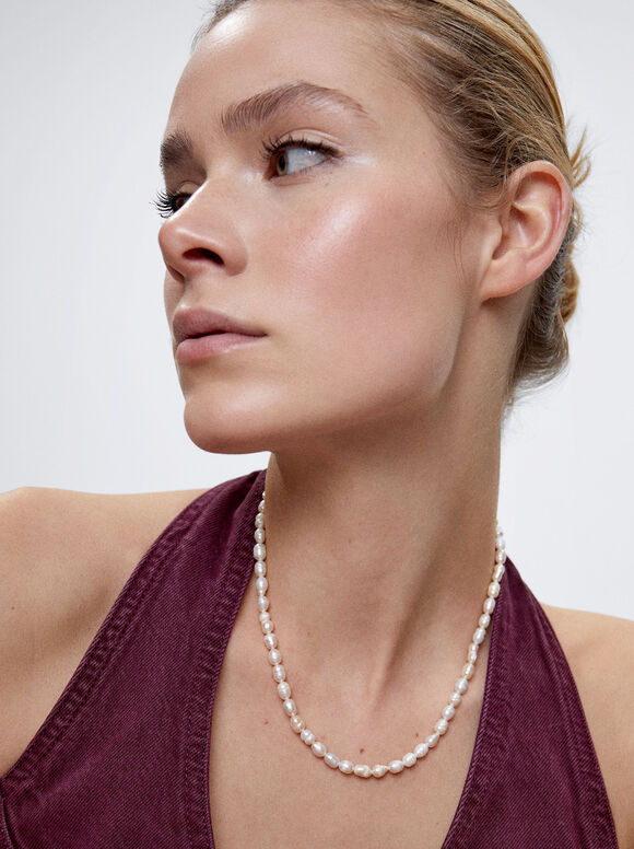 Stainless Steel Necklace With Freshwater Pearl, Golden, hi-res