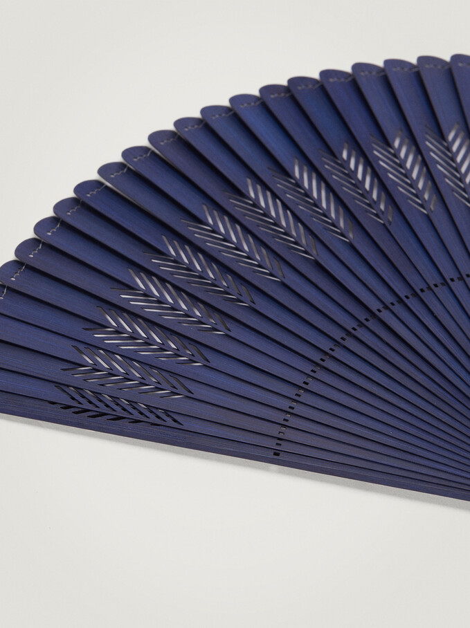 Perforated Fan With Tassel, Navy, hi-res