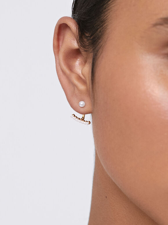 Short Faux Pearl Earrings, Beige, hi-res