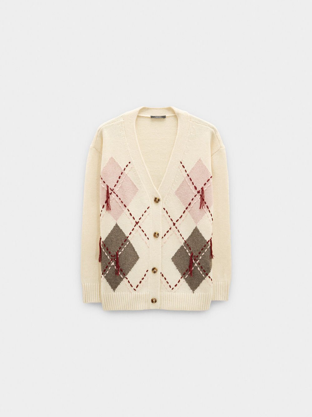 Knit cardigan with argyle and embroidery