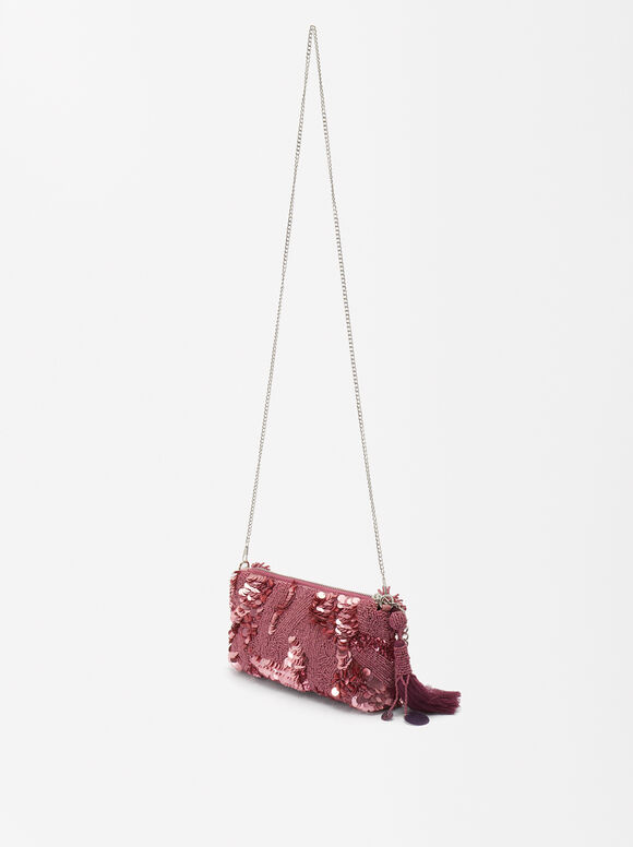 Party Handbag With Sequins And Beads, Pink, hi-res