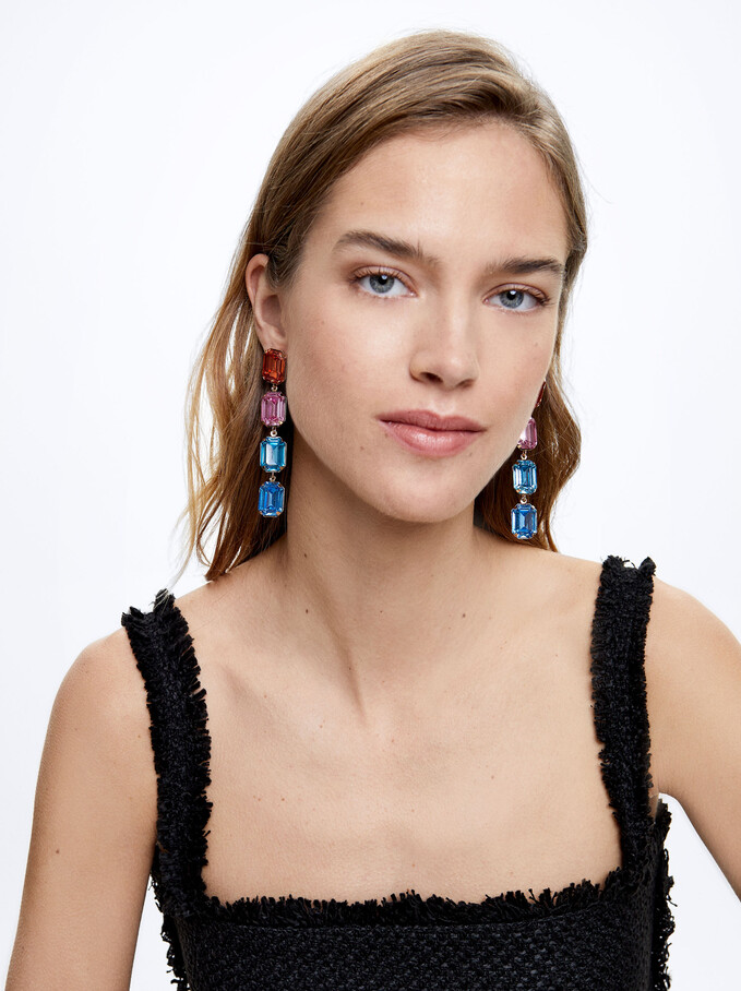 Multicoloured Crystal Earrings, Multicolor, hi-res