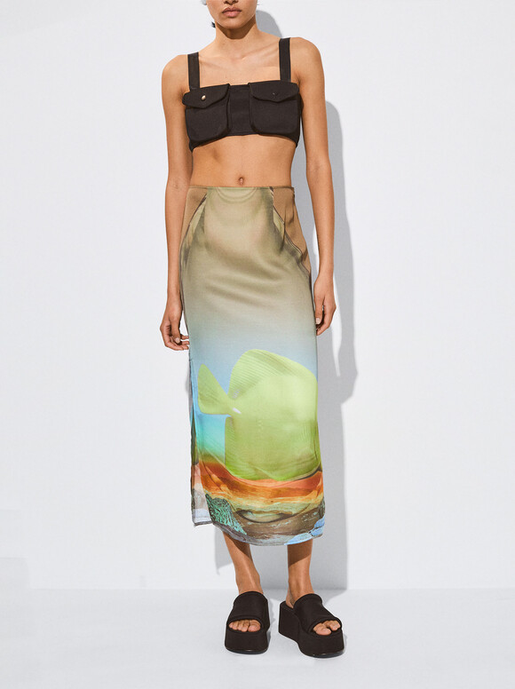 Midi Satin Skirt, Multicolor, hi-res