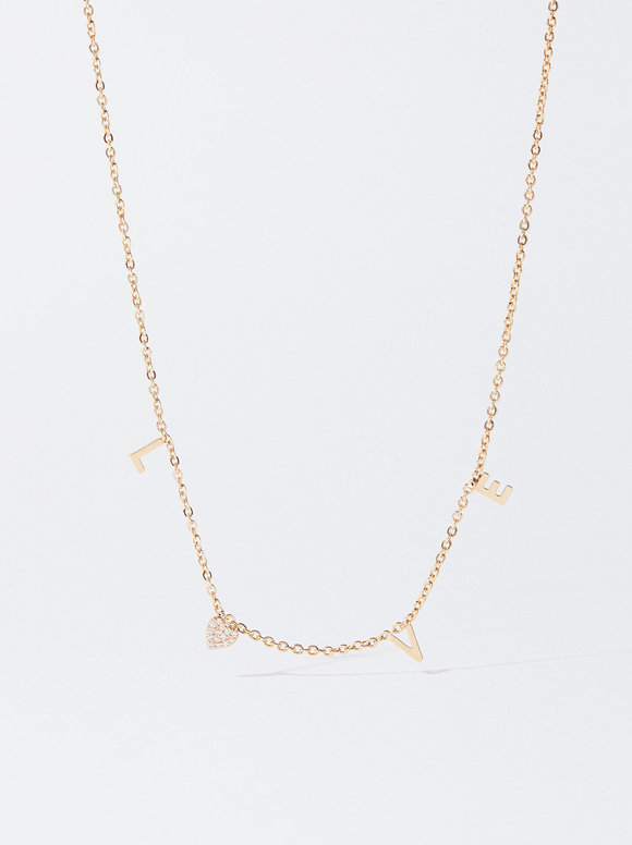 Necklace With Zirconia Love, Golden, hi-res